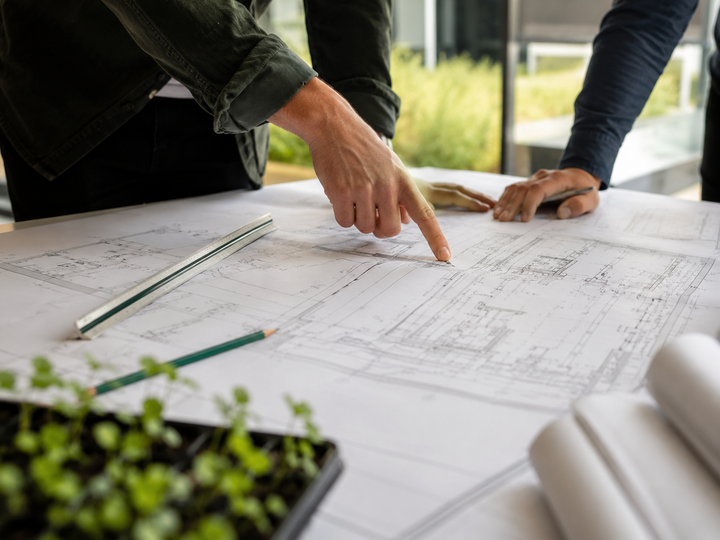 Étude des plans du bâtiment Europlantes à côté de jeunes plants