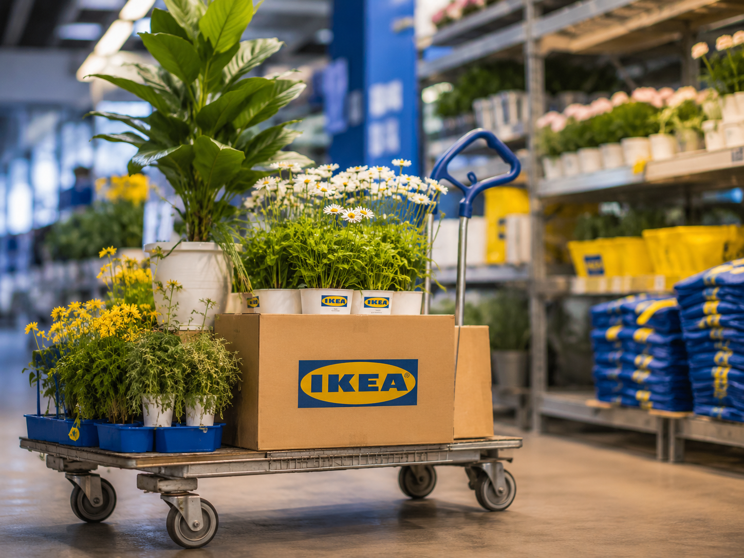 Chariot de plantes et fleurs livré par Europlantes dans un magasin IKEA