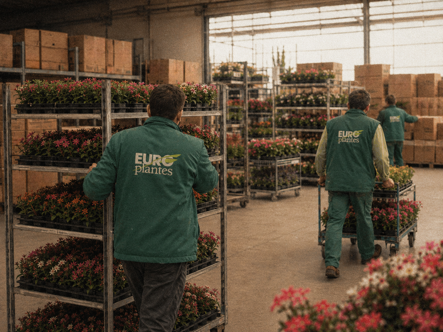 Équipes Europlantes préparant les chariots de plantes pour la grande distribution