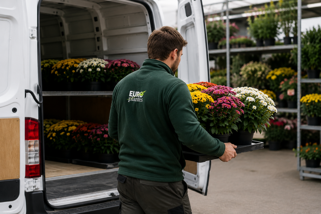Merchandiser Europlantes chargeant des chrysanthèmes dans un véhicule de livraison